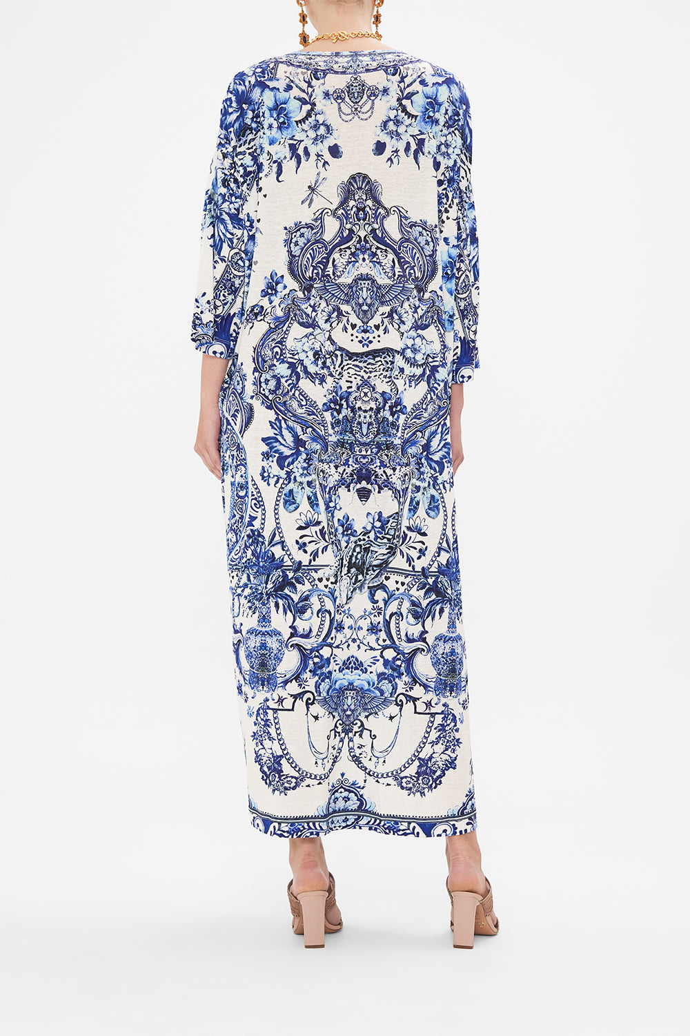 Back view of model wearing CAMILLA jersey kaftan in Glaze and Graze print