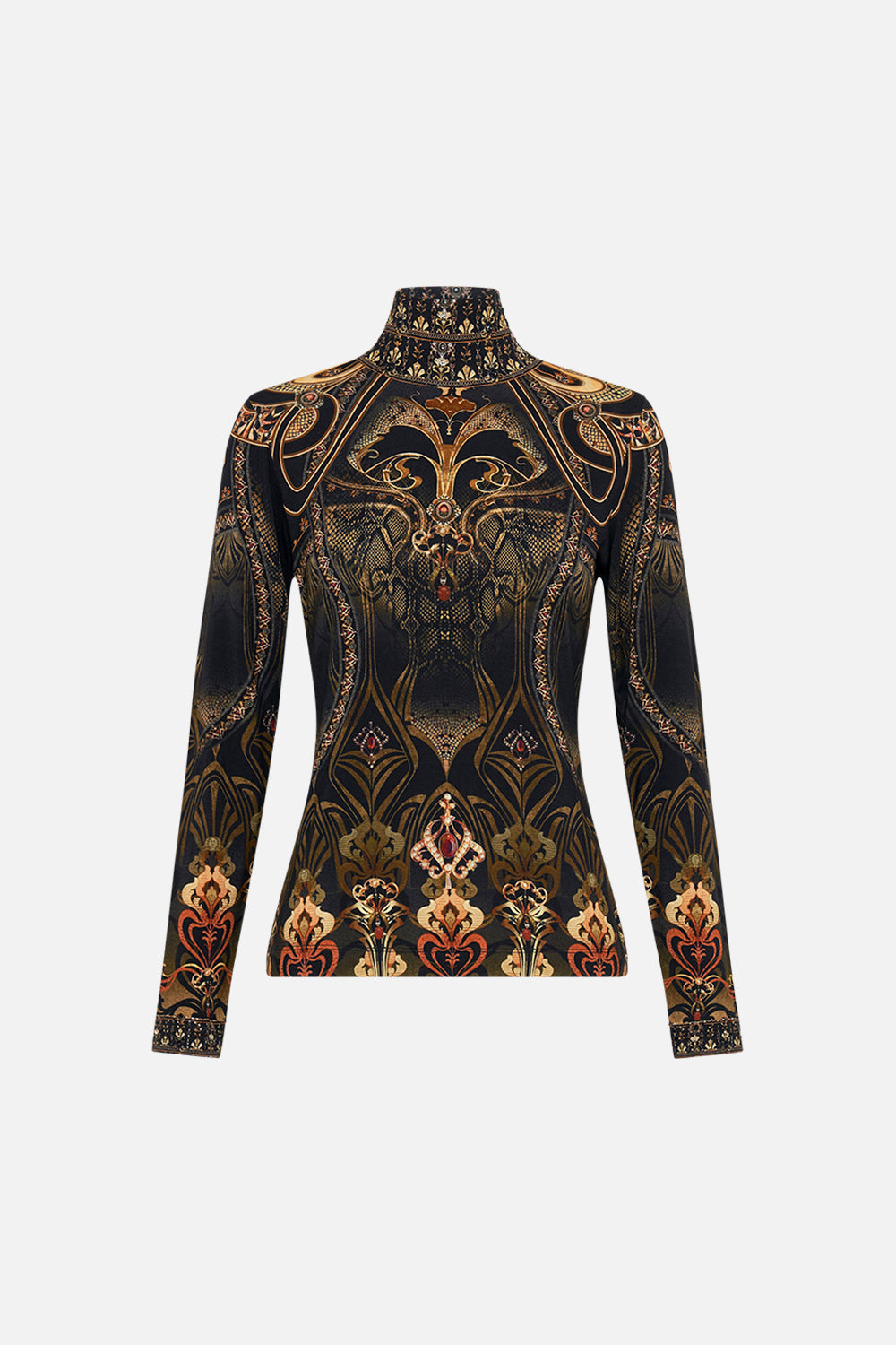 CAMILLA jersey turtleneck in Nouveau Noir print