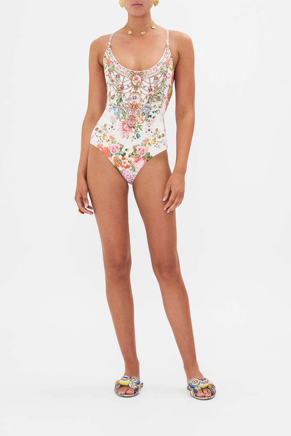 CAMILLA floral scoop neck one piece with buttons in Sew Yesterday