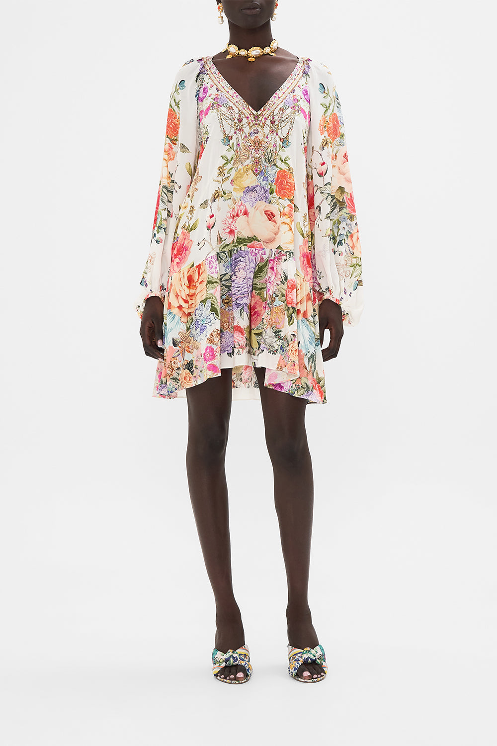 CAMILLA Floral V-Neck Dress with Blouson Sleeve in Sew Yesterday