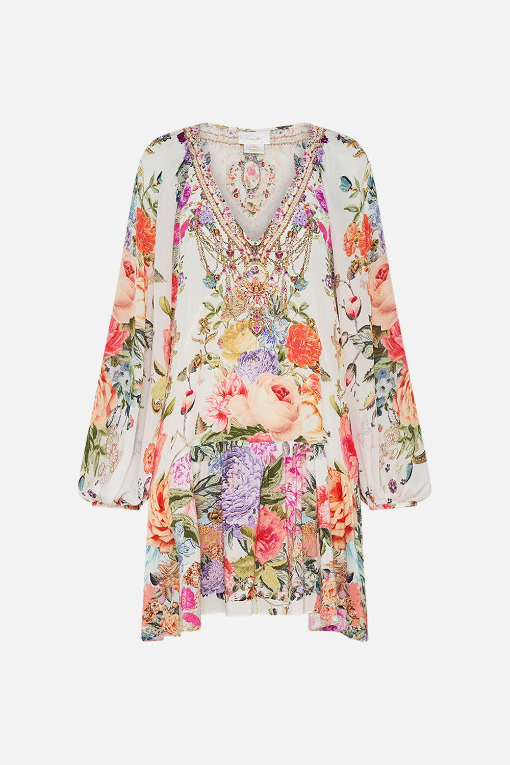 CAMILLA Floral V-Neck Dress with Blouson Sleeve in Sew Yesterday