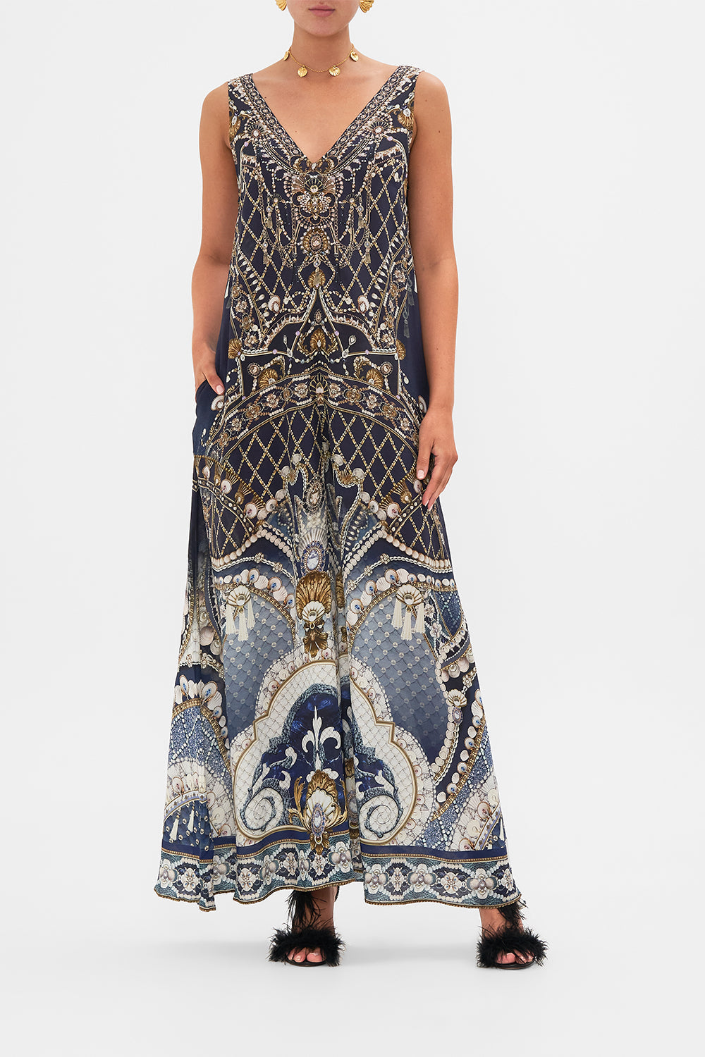 CAMILLA Gold V-Neck Flared Jumpsuit in Dance with the Duke print