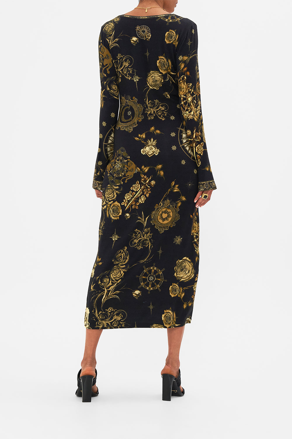 CAMILLA black square neck midi jersey rib dress in So Says The Oracle print.