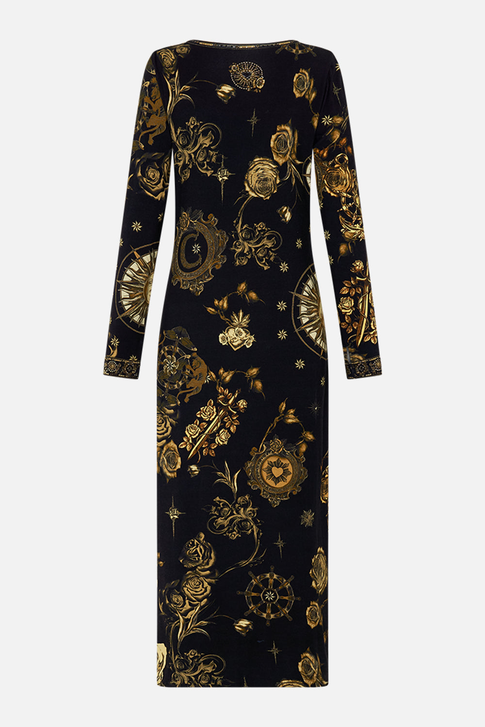 CAMILLA black square neck midi jersey rib dress in So Says The Oracle print.