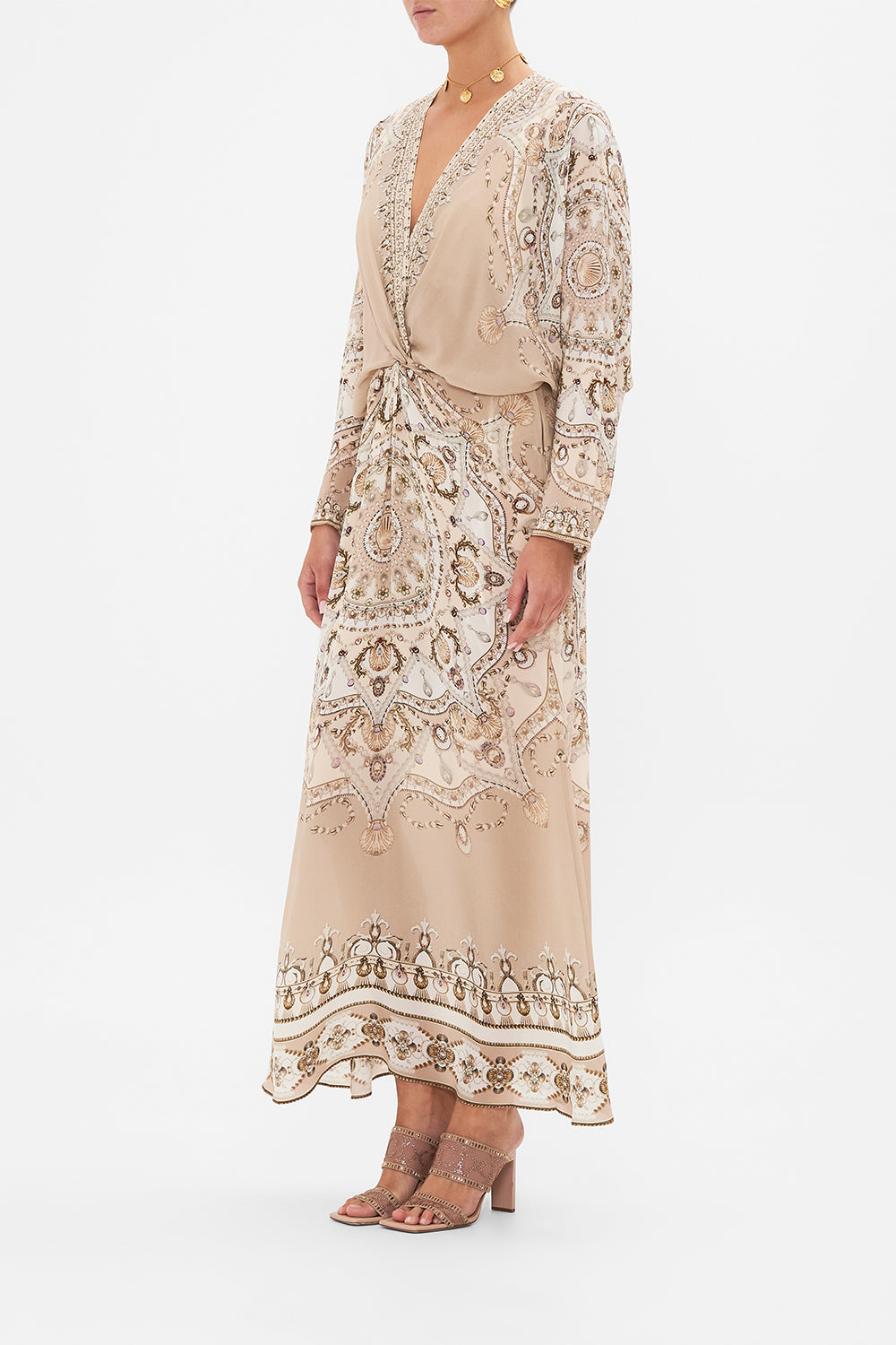 CAMILLA Blush Twist Front Batwing Dress in Grotto Goddess print