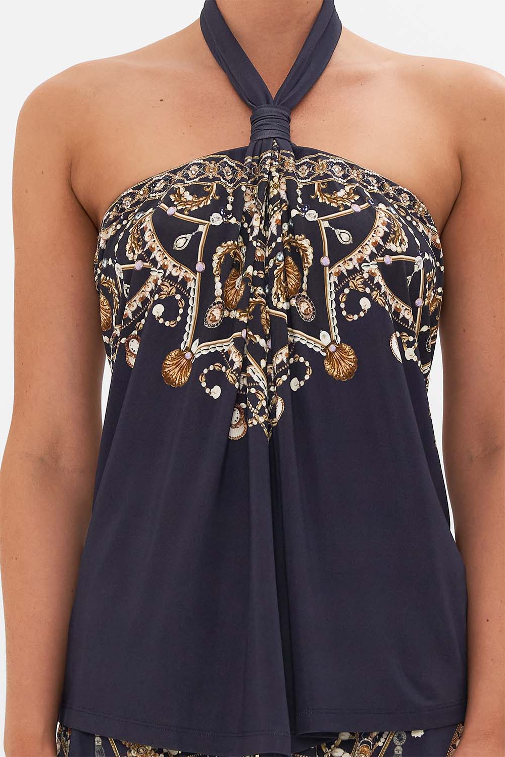 CAMILLA Gold/Black Draped Jersey Halter Top in Dance with the Duke