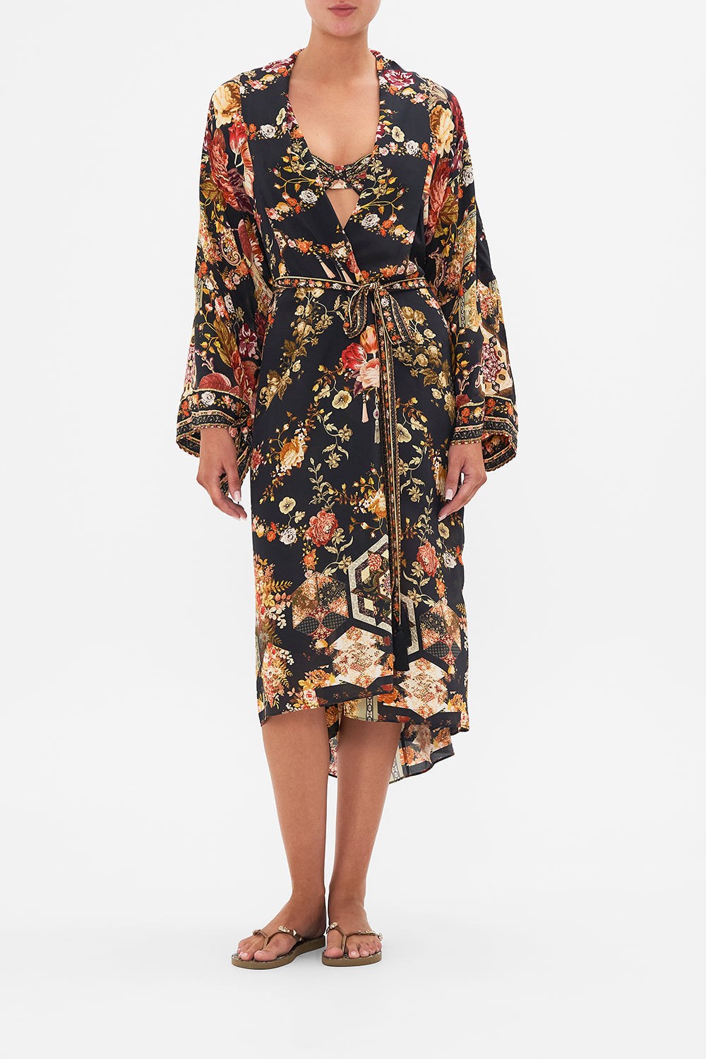 CAMILLA Floral Oversized Layer with Tie Sleeve in Stitched in Time
