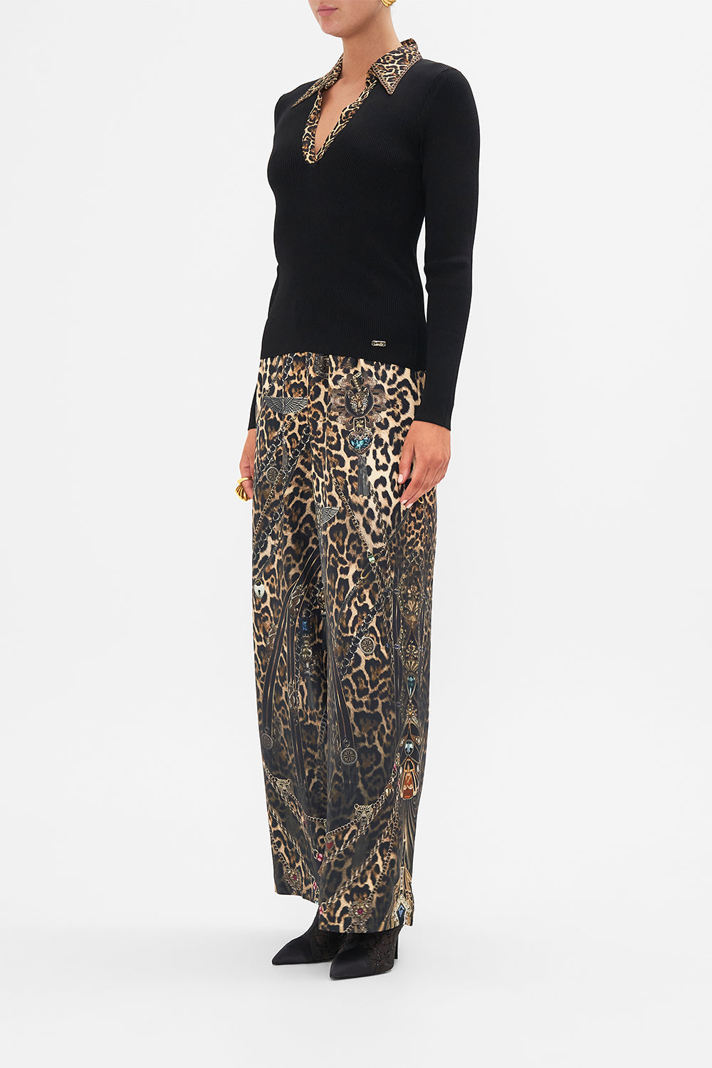 CAMILLA Black Fitted Knit Top with Silk Collar in Amsterglam print