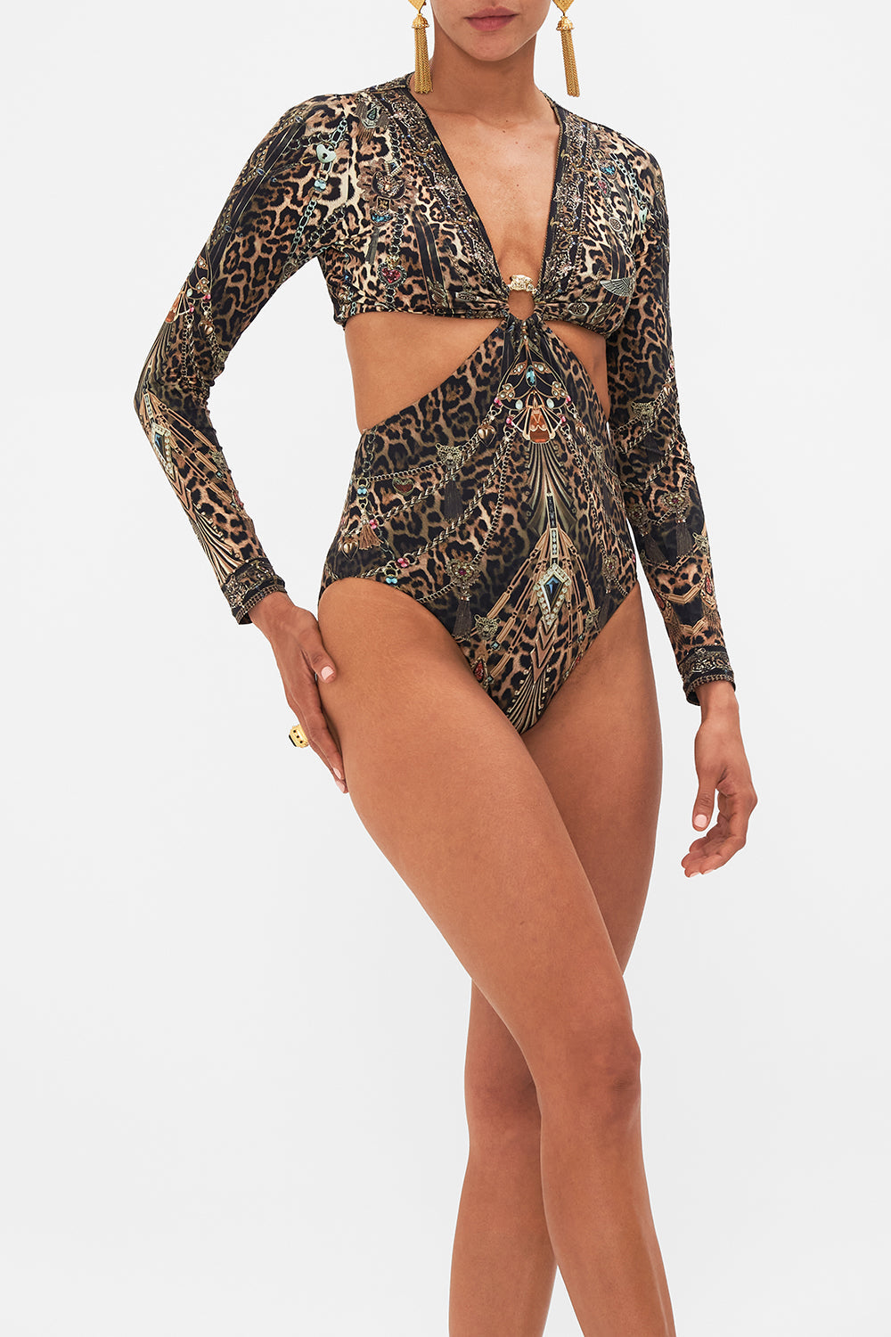 CAMILLA leopard cut-out bodysuit with trim in Amsterglam