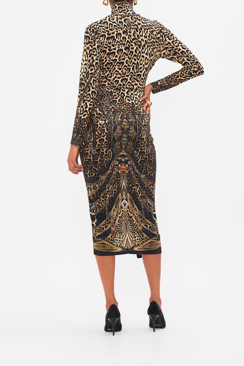 CAMILLA leopard turtle neck midi gathered jersey dress in Amsterglam print.