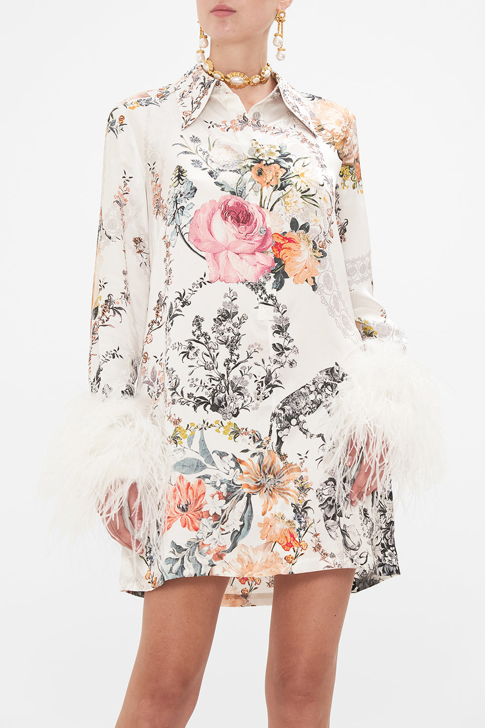 CAMILLA white mini dress with feathers in De Haar Memoirs print