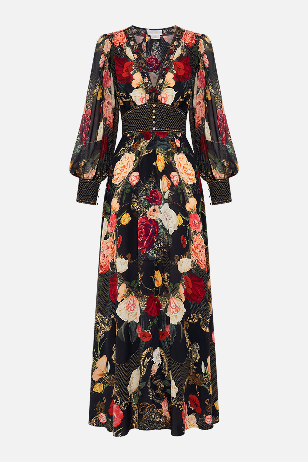 CAMILLA Black Shaped Waistband Dress with Gathered Sleeves in Magic in the Manuscripts