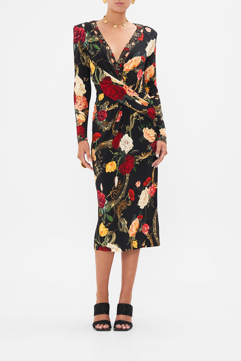 CAMILLA Black V-Neck Midi Cross Front Dress in Magic in the Manuscripts