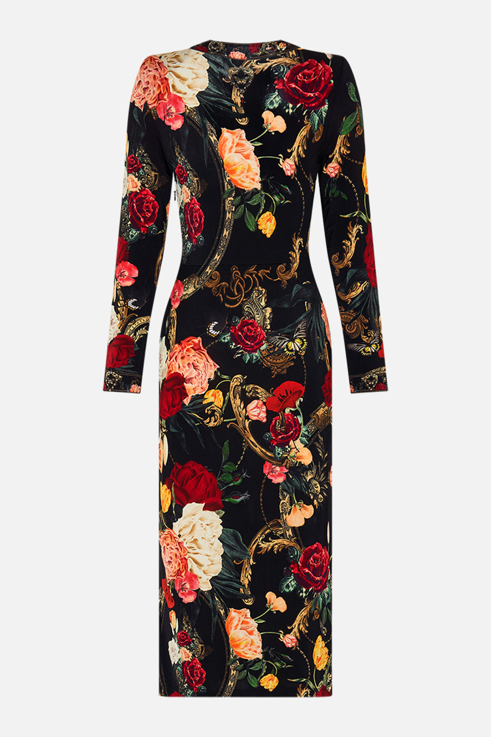 CAMILLA Black V-Neck Midi Cross Front Dress in Magic in the Manuscripts