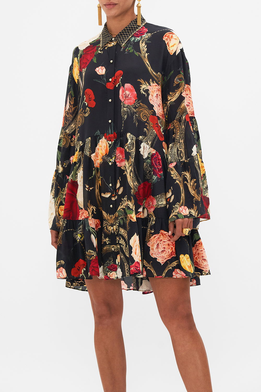 CAMILLA Black Tiered Dress with Collar in Magic in the Manuscripts