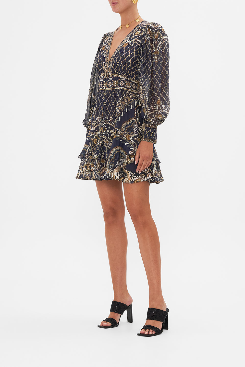 CAMILLA black button frill dress in Dance With The Duke print