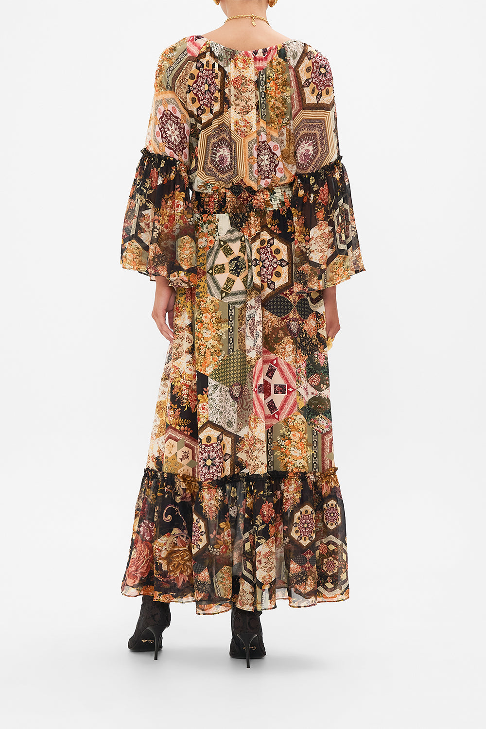 CAMILLA Floral Long Dress With Gathered Bell Sleeve in Stitched In Time print.