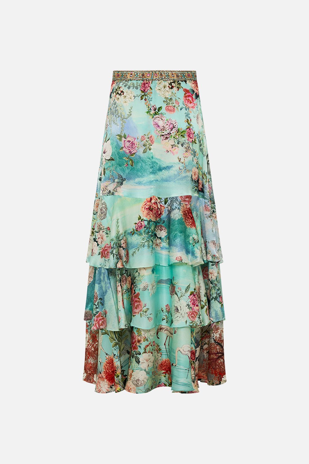CAMILLA Tiered ruffle skirt in The jewellery museum print.