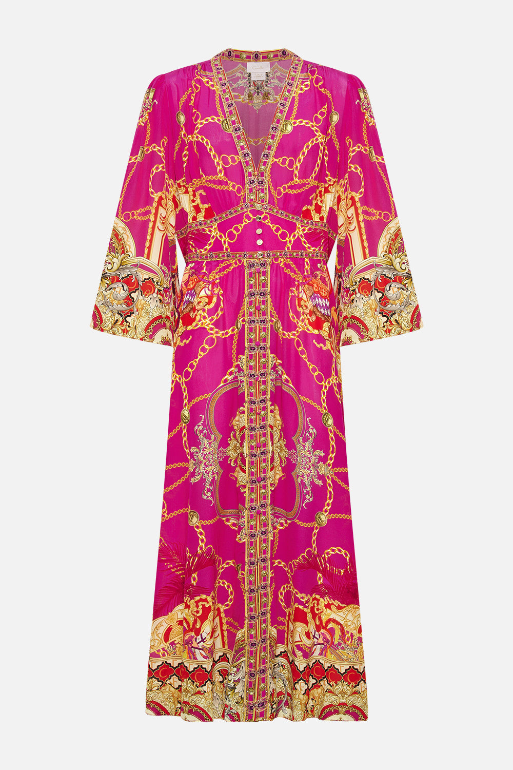 Product view of CAMILLA pink silk maxi dress in Wild And Running print