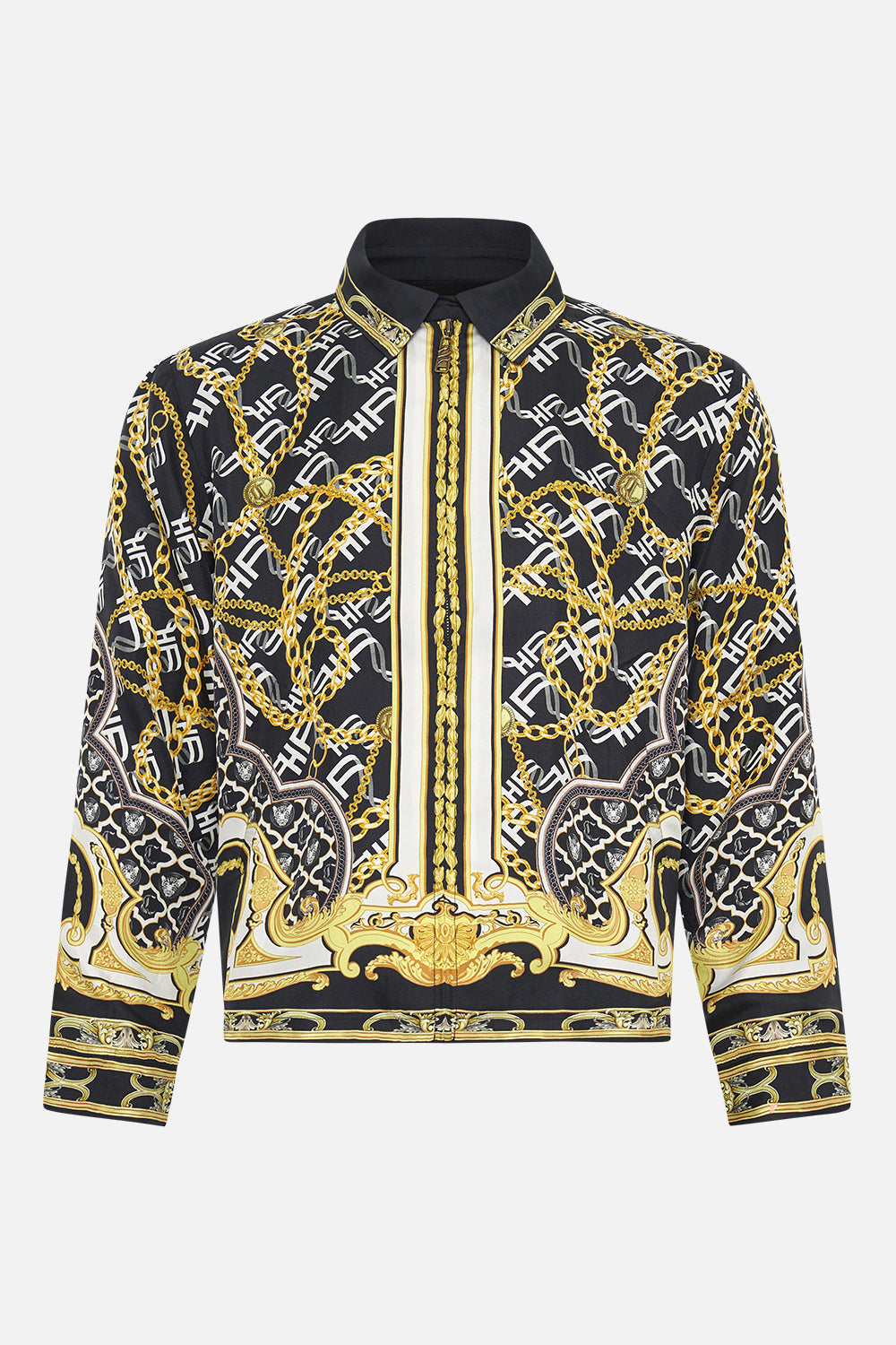 Product view of Hotel Franks by CAMILLA mens silk zip through jacket in black and gold Tether Me Not print