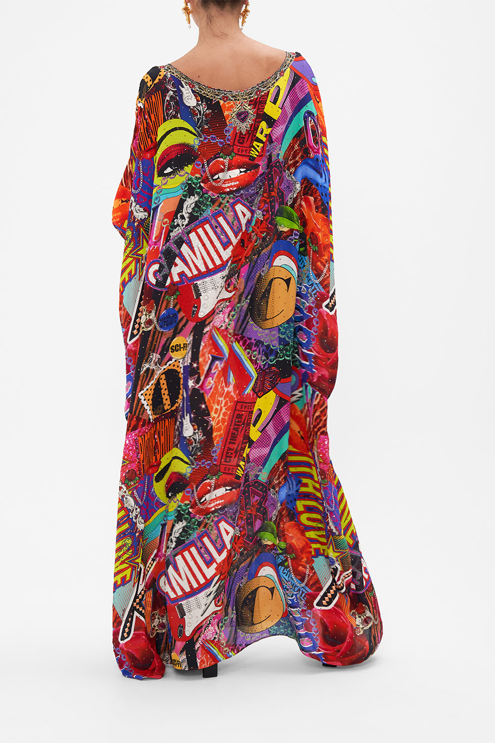 Back view of model wearing CAMILLA silk kaftan in multicoloured Radical Rebirth print