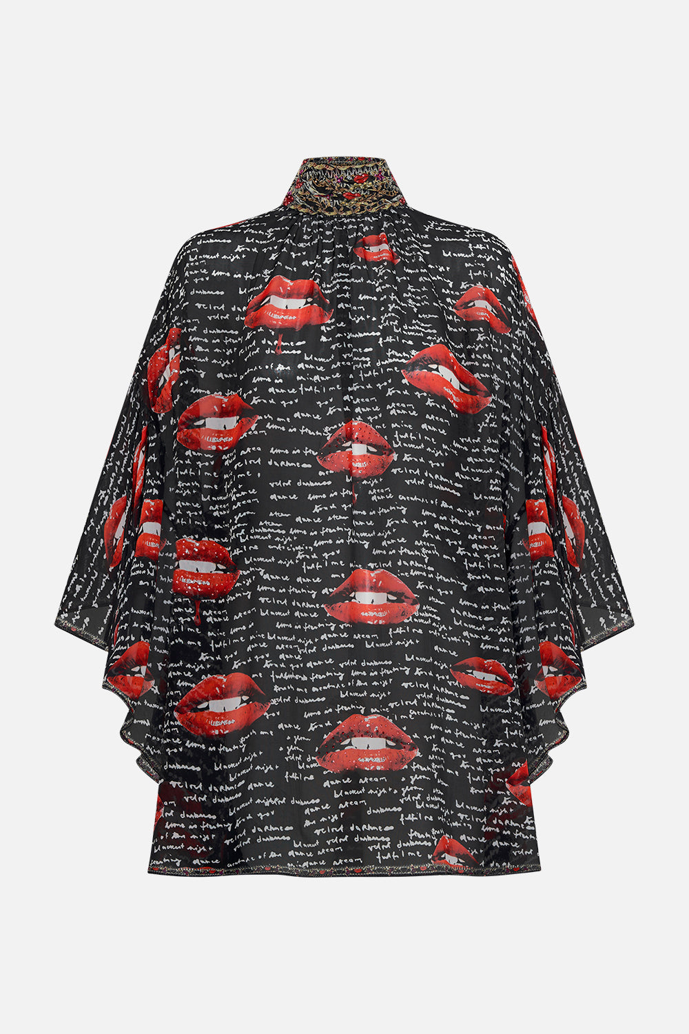 Product view of CAMILLA black silk blouse in Chaos Magic print