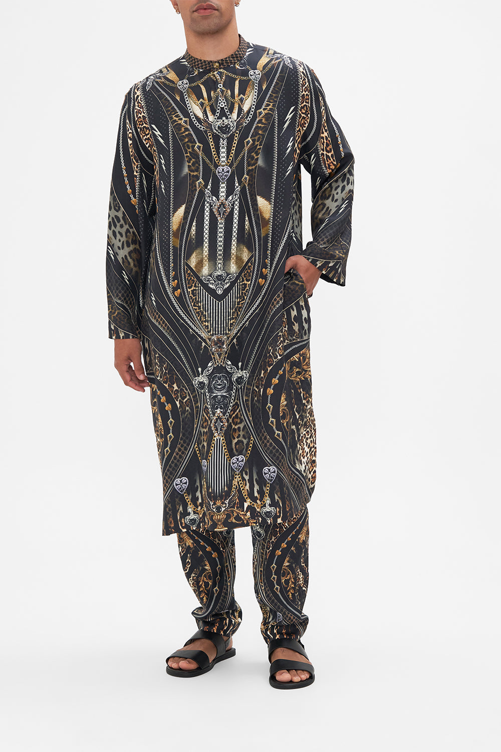 Front view of model wearing Hotel Franks by CAMILLA mens silk kaftan in Chaos In The Cosmos animal print