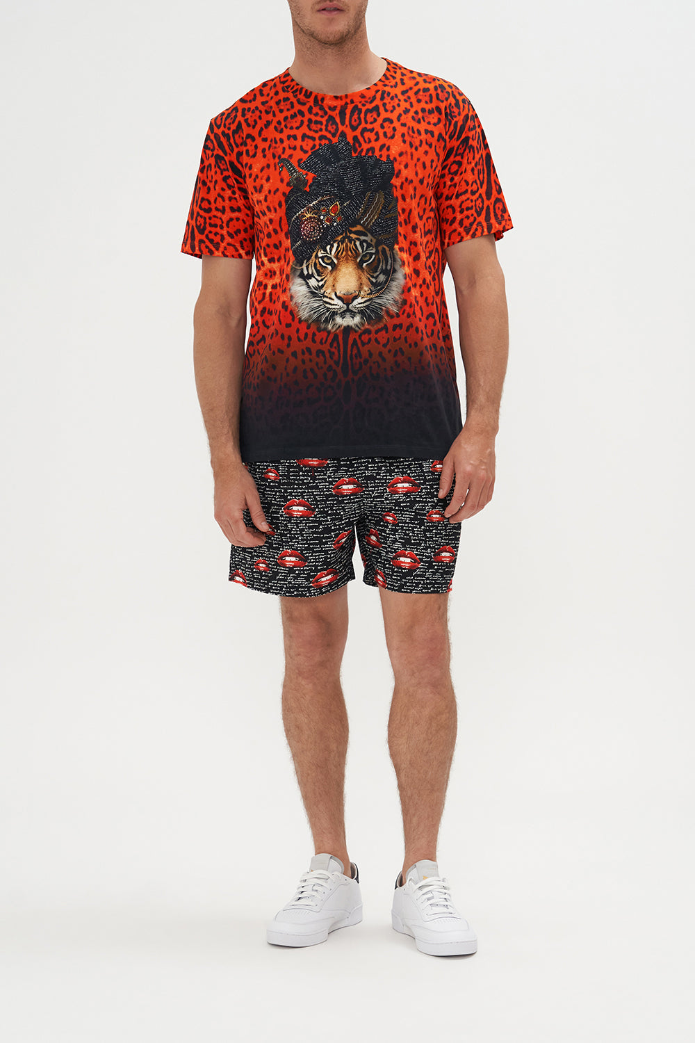 Front view of model wearing Hotel Franks by CAMILLA mens relaxed fit tee in Chaos Magic graphic print