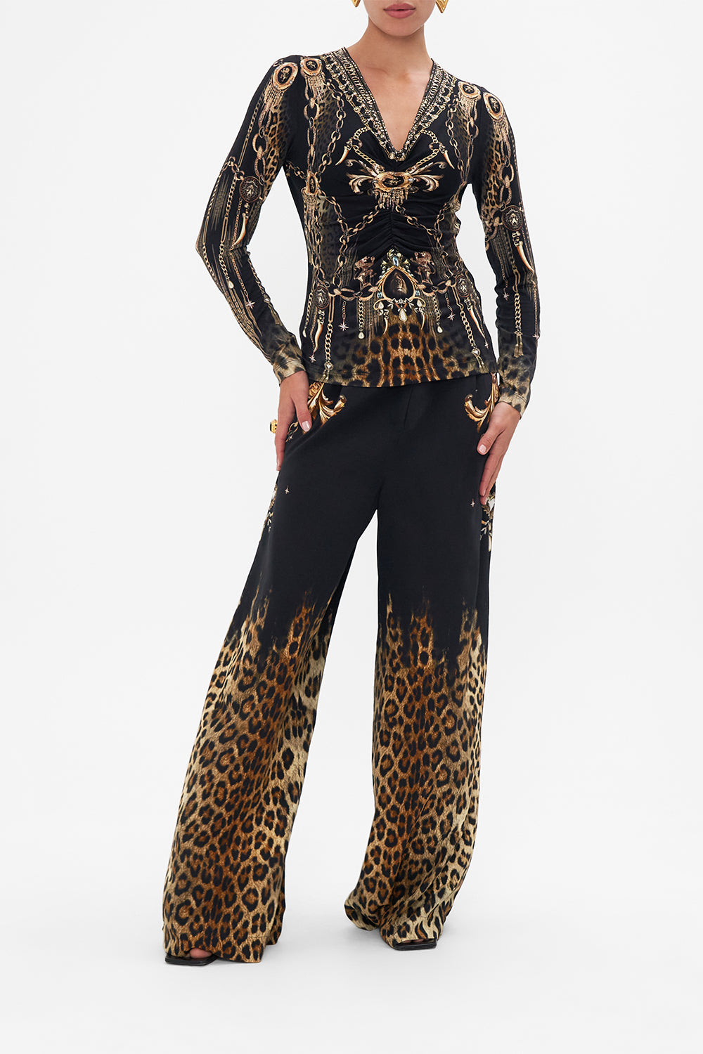 Front view of model wearing CAMILLA jersey top in Jungle Dreaming print