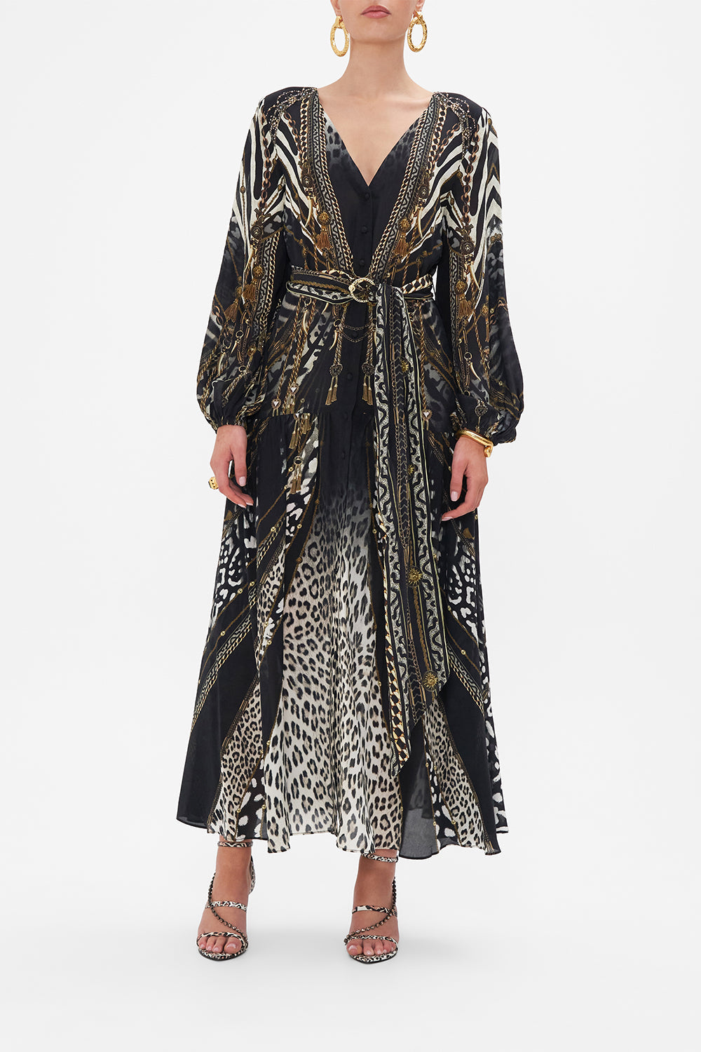 Front view of model wearing CAMILLA black and white animal print maxi dress in Untamed Royalty print
