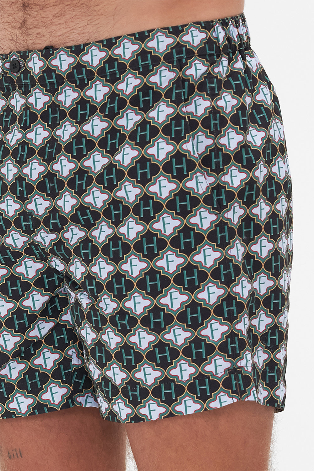 Detail view of model wearing Hotel Franks by CAMILLA mens monogram print boardshorts in Jealousy And Jewels print