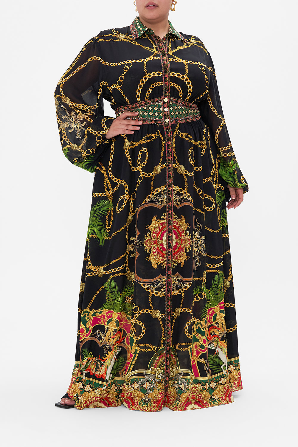 Front view of curvy model wearing CAMILLA plus size silk maxi shirt dress in Jealousy And Jewels print