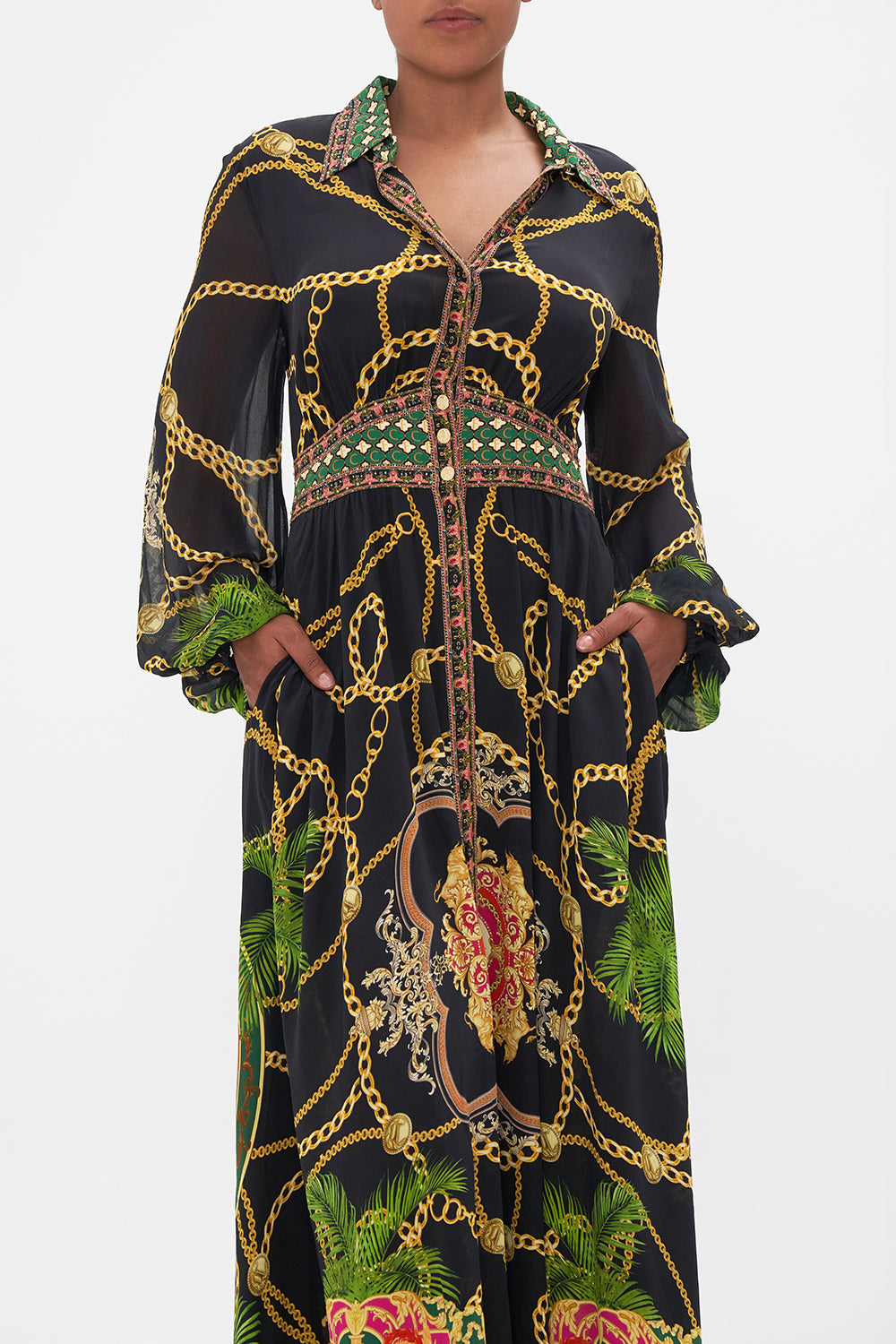 WAISTBAND LONG DRESS WITH COLLAR JEALOUSY AND JEWELS