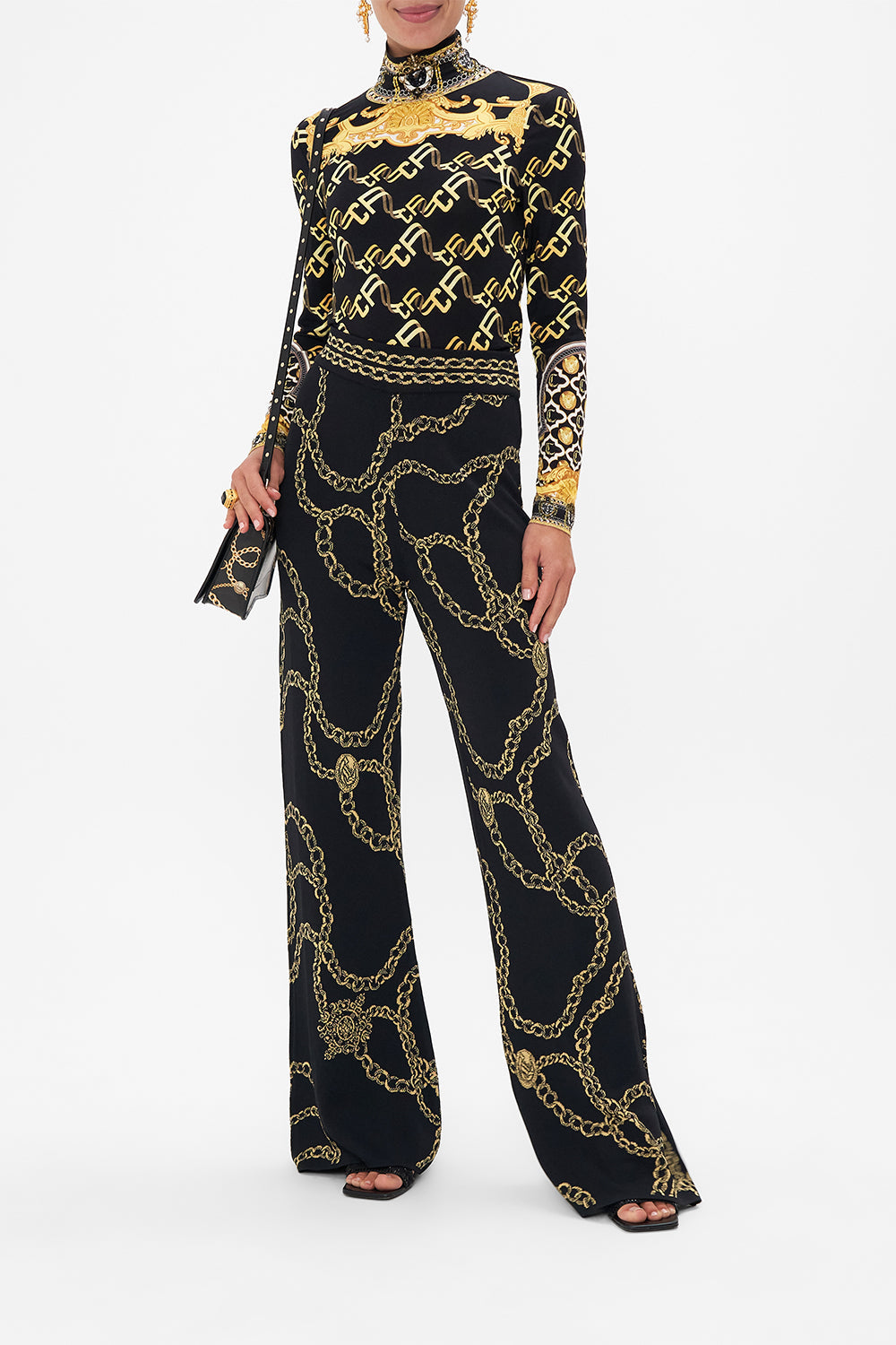 Front view of model wearing CAMILLA jersey turtleneck in Tether Me Not print