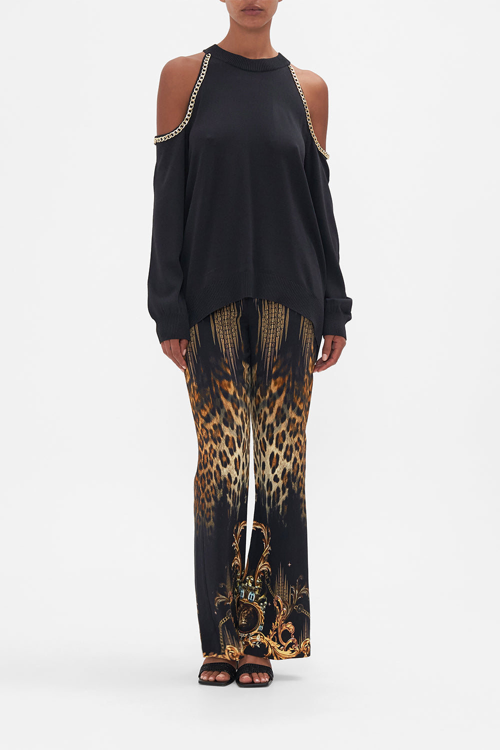 Front view of model wearing CAMILLA knit jumper in Tether Me Not print