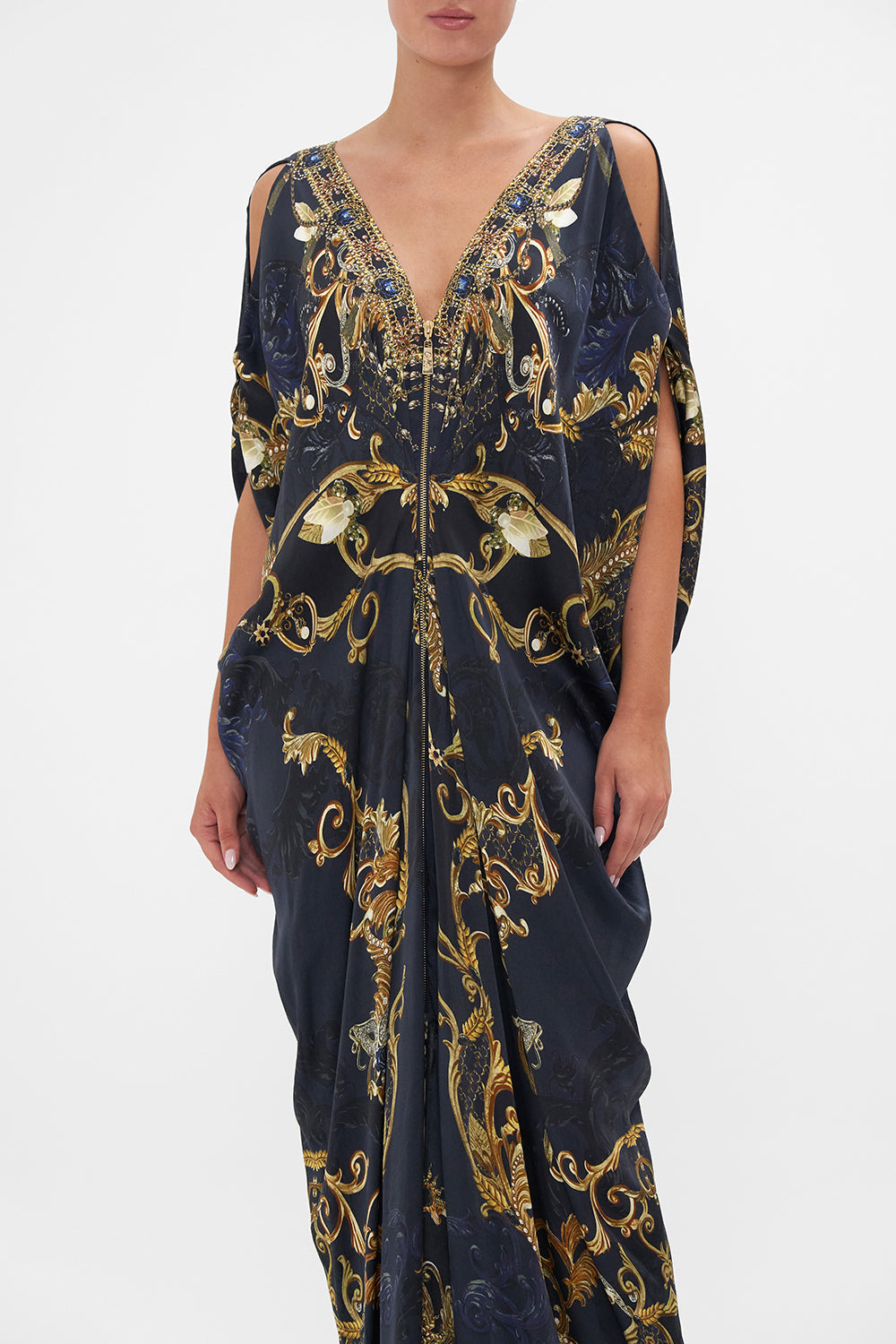 Crop view of model wearing CAMILLA silk maxi dress in Moonlight Melodies print