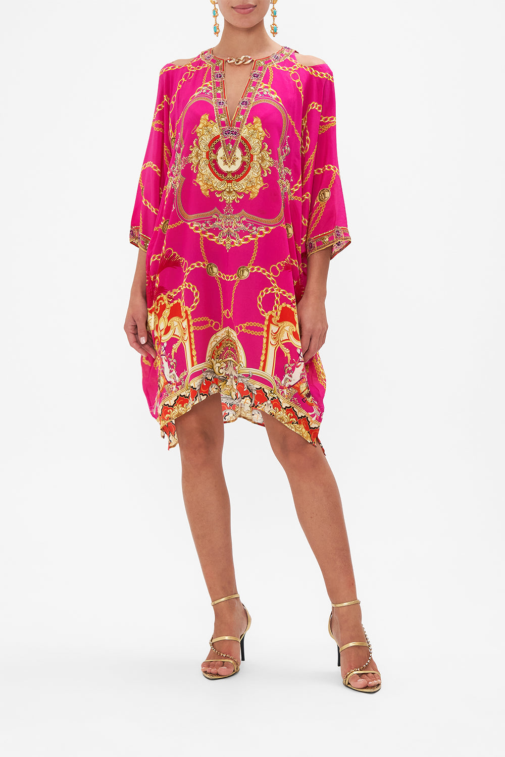 Front view of model wearing CAMILLA pink silk kaftan in Wild And Running print
