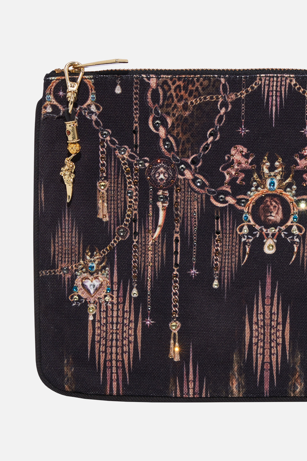 Detail view of CAMILLA animal print clutch bag in Jungle Dreaming print