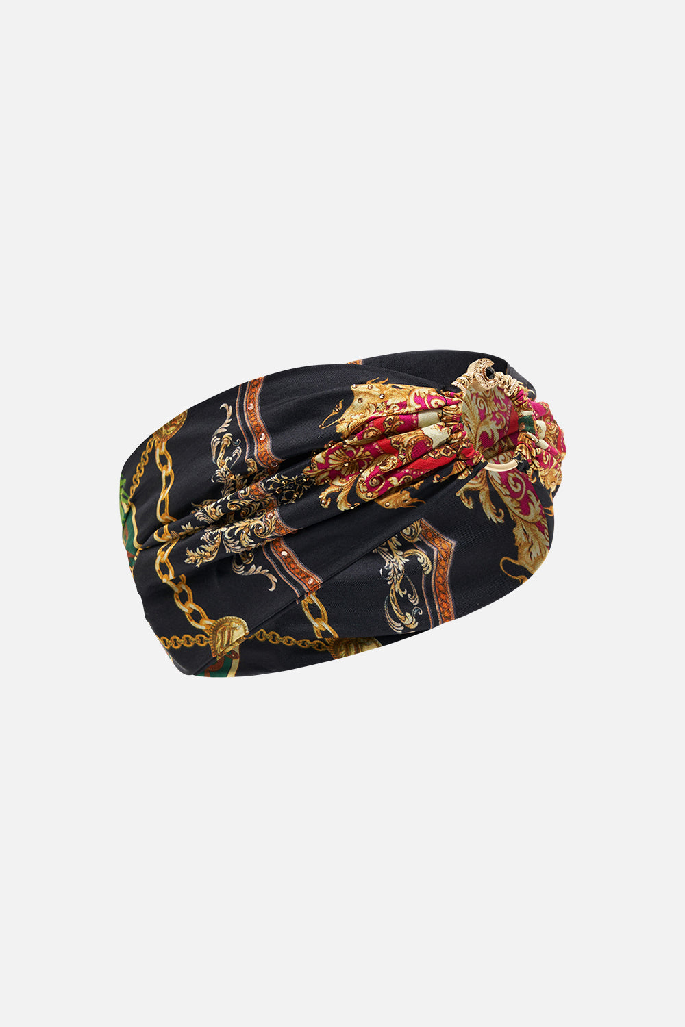 Detail view of CAMILLA silk ring detail headband Jealousy And Jewels print