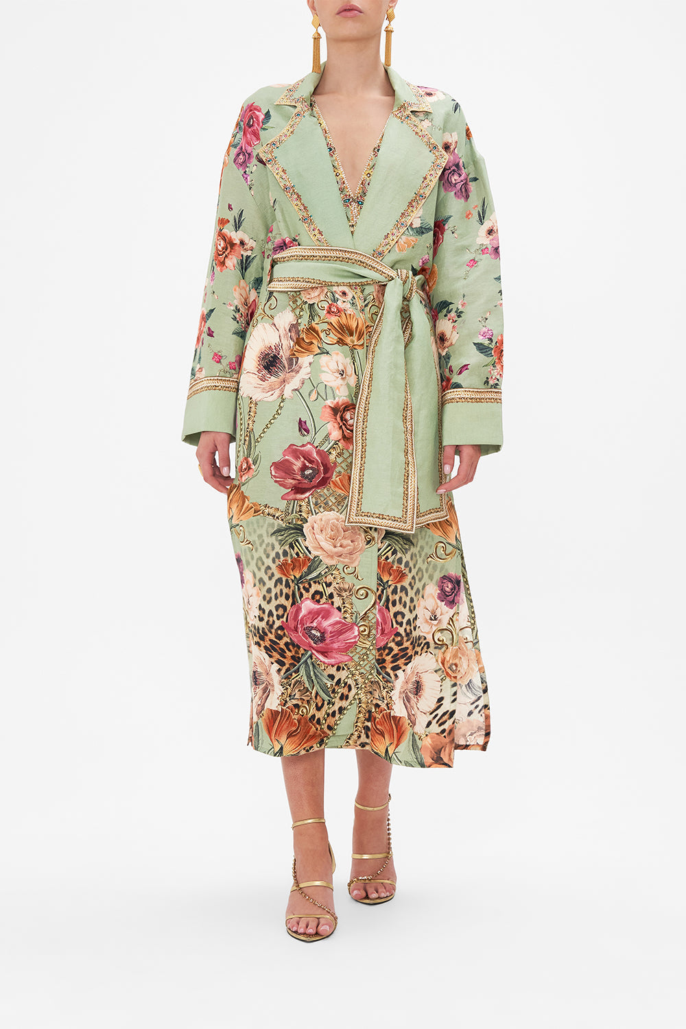 Front view of model wearing CAMILLA silk linen floral jakcet in Grow and Glow print