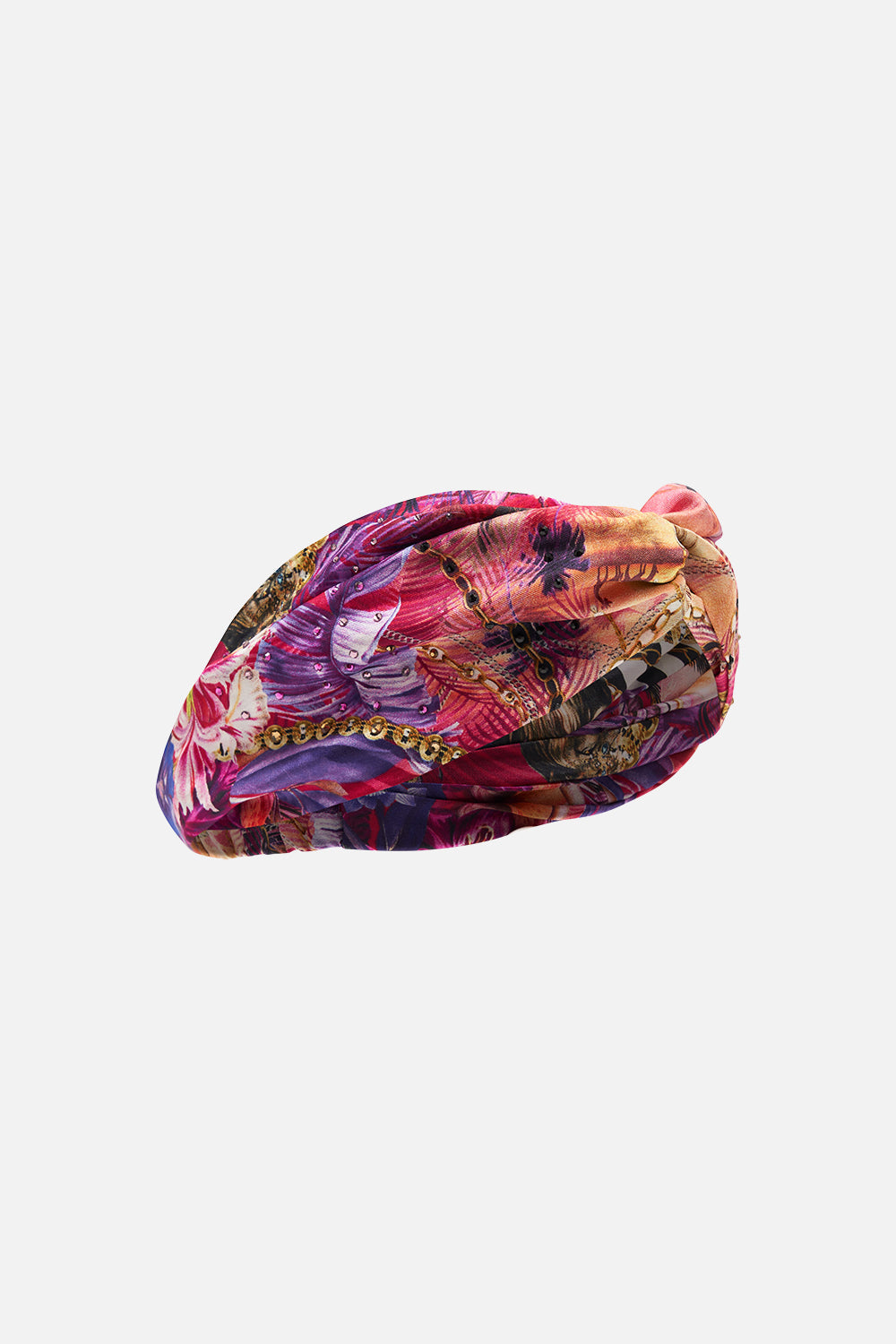 Detail view of CAMILLA silk woven twist headband in Wild Loving print