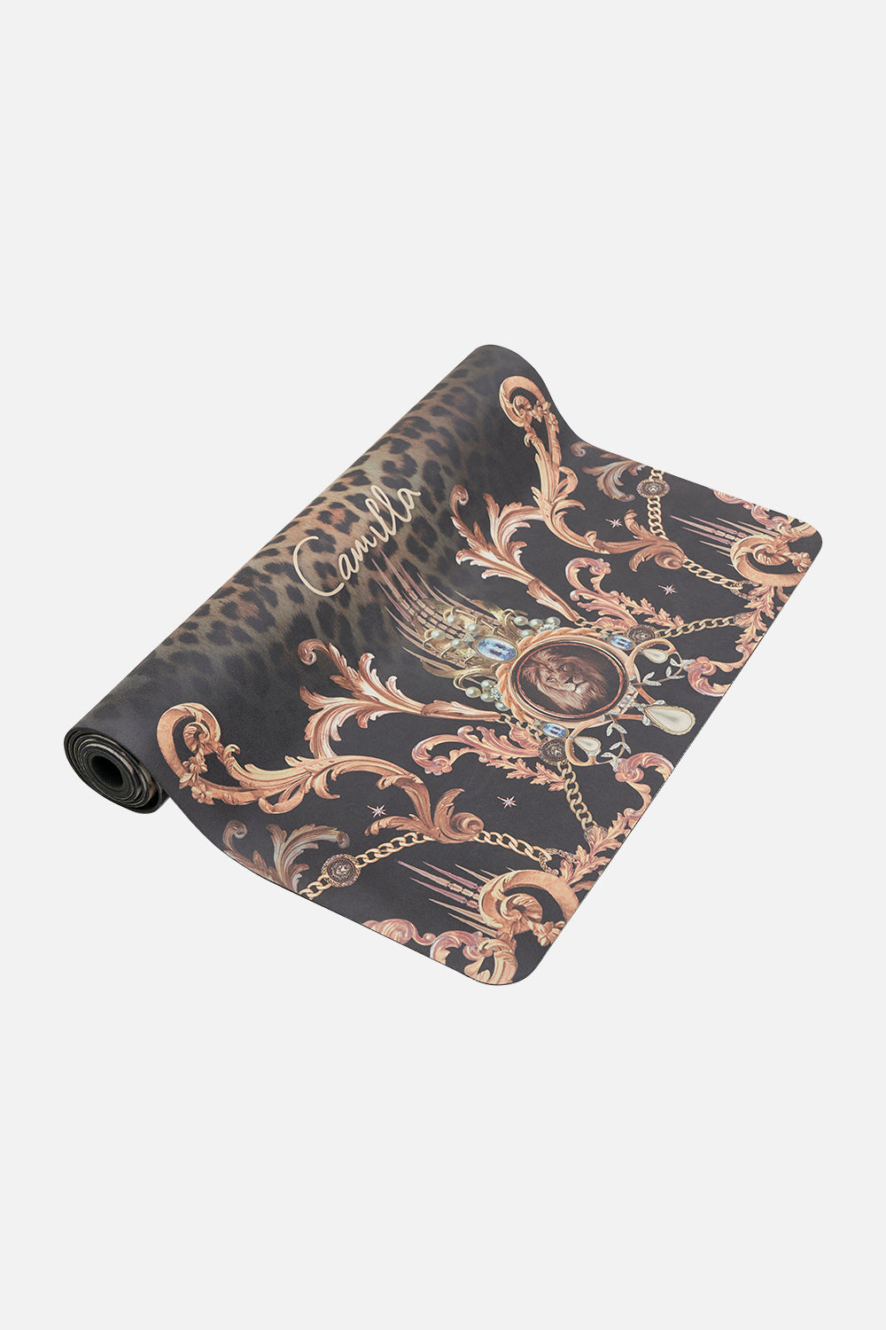 detail view of CAMILLA leopard print yoga mat in Running In The Wild print