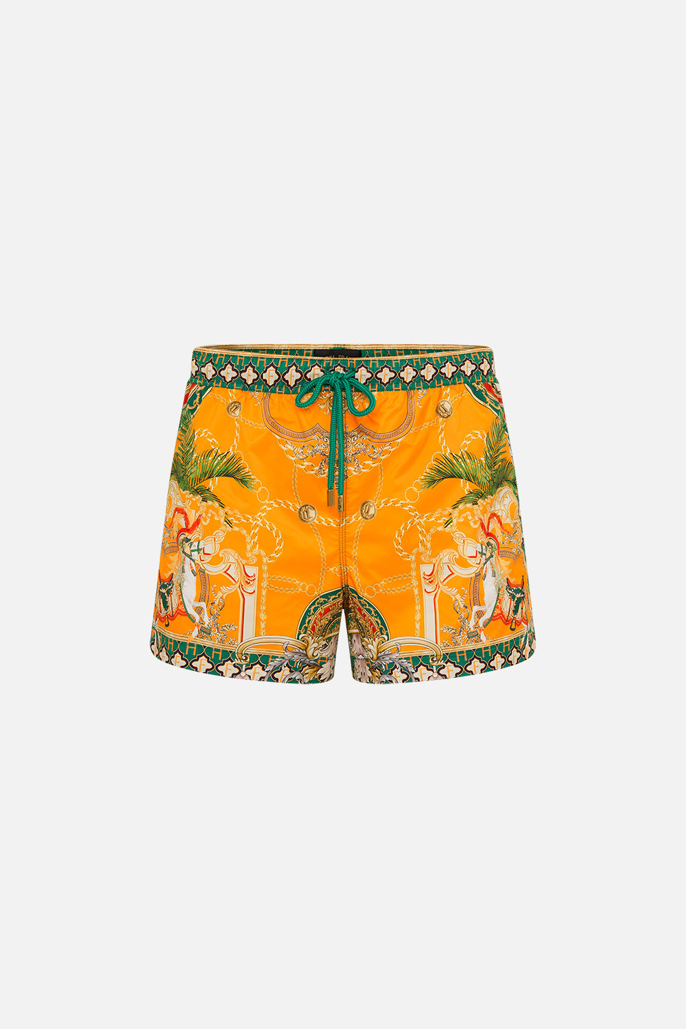 Product view of Hotel Franks by CAMILLA silk mens short boardshorts in orange Dancing With The Bulls print