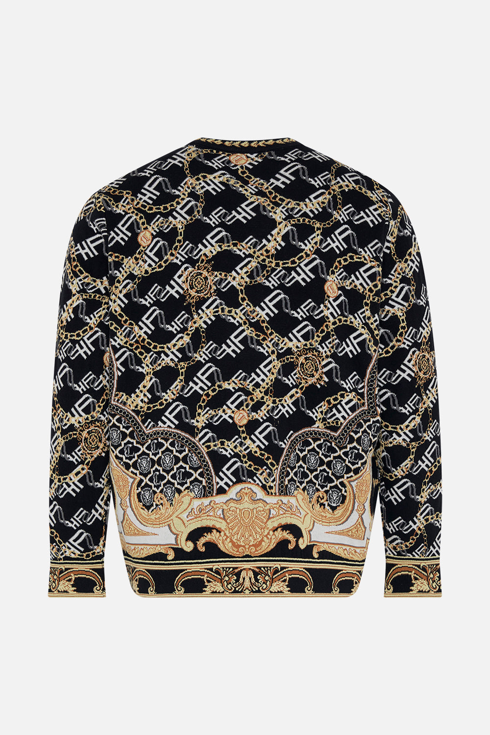 Back product view of Hotel Franks by CAMILLA mens oversized knit sweater in black and gold Tether Me Not print