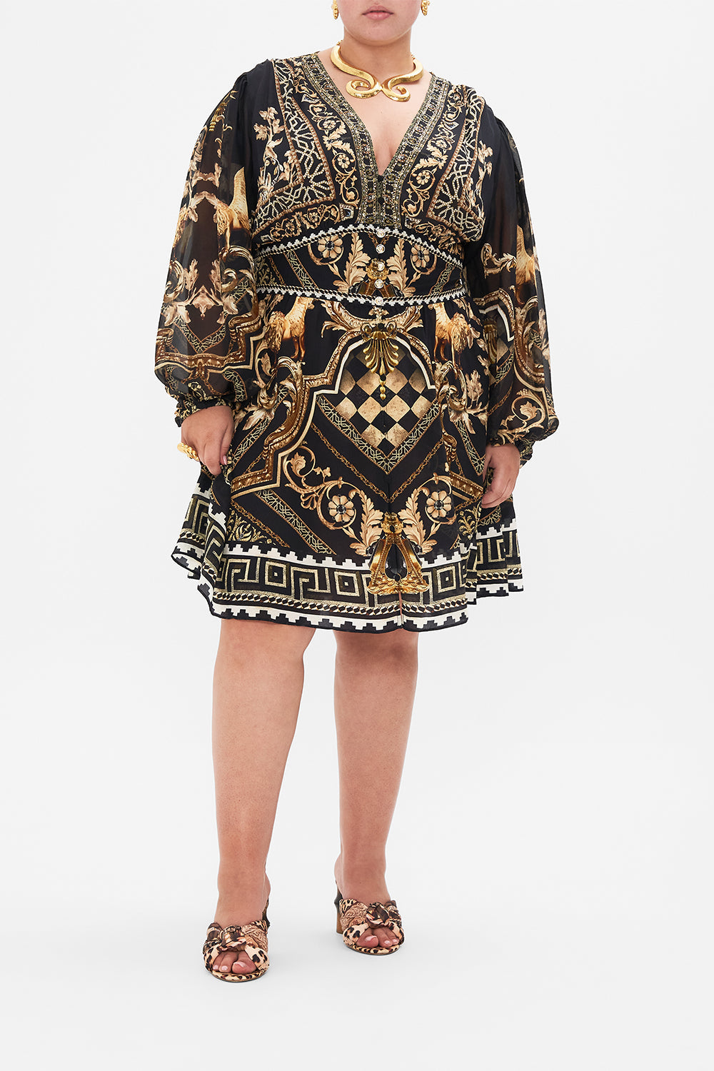 Front view of curvy model wearing CAMILLA plus size silk dress in Duomo Dynasty print