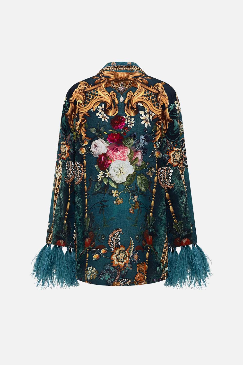 Video of model wearing CAMILLA green silk jacket in Verdis World print