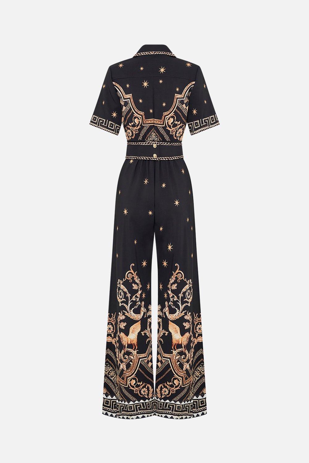 Video of model wearing CAMILLA black jumpsuit in Duomo Dynasty print