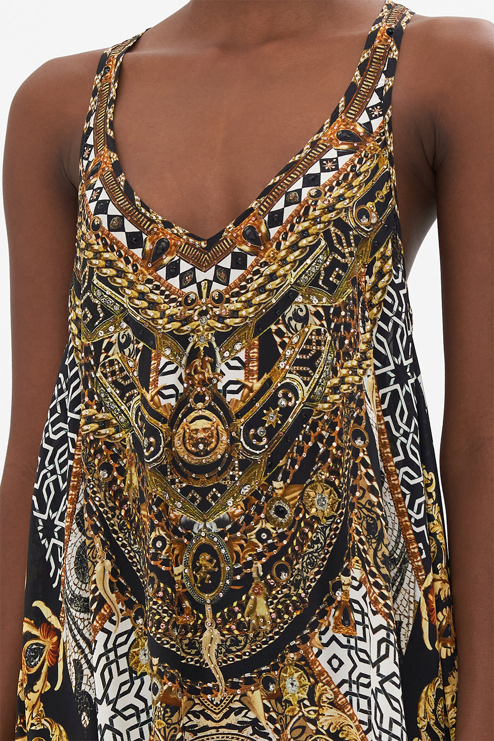 Video of model wearing CAMILLA black and white silk maxi dress in Look Up Tesoro print