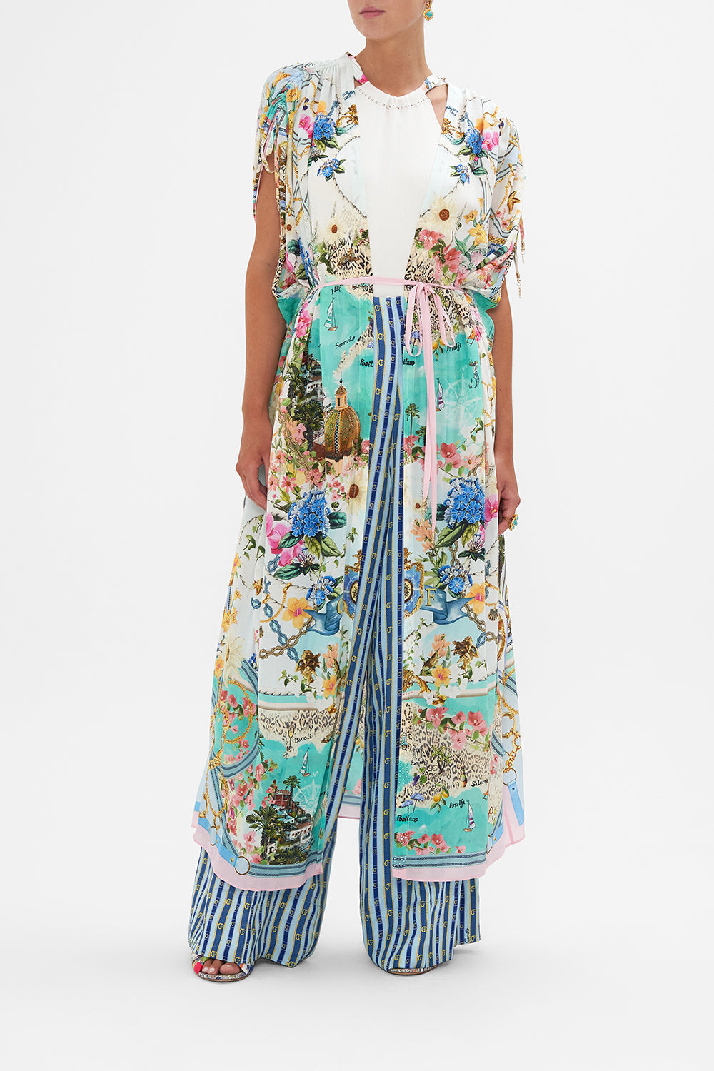 Front view of model wearing CAMILLA silk layer in Amalfi Lullaby print