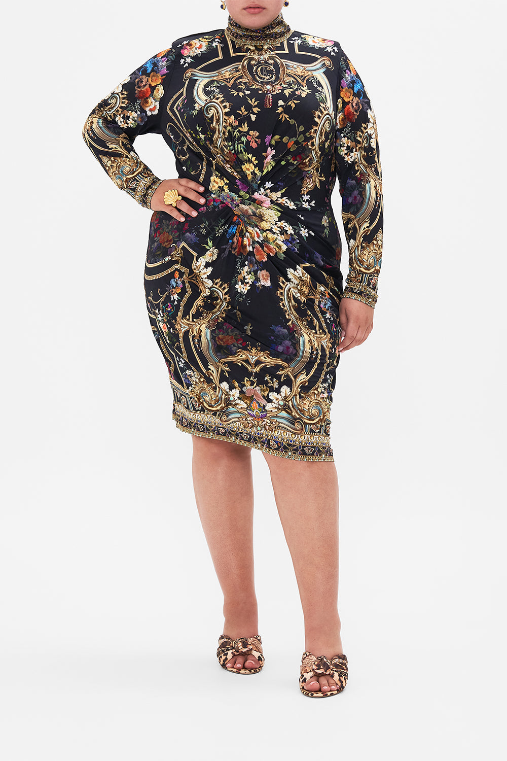 Front view of curvy model wearing CAMILLA plus size floral dress in Play Your Cards Right print